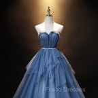 Blue Tulle Sweetheart Simple Pretty Floor Length Party Dress, Blue A-line Evening Dress Formal Prom Dress