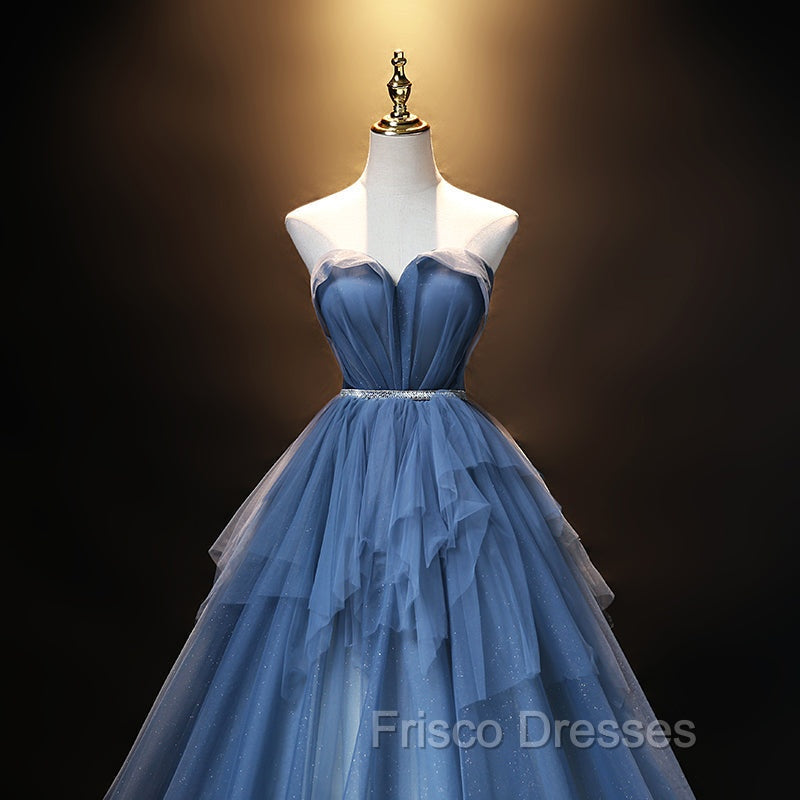 Blue Tulle Sweetheart Simple Pretty Floor Length Party Dress, Blue A-line Evening Dress Formal Prom Dress