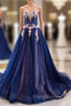 Blue Tulle Sweetheart White Appliques Formal Prom Dress With Train