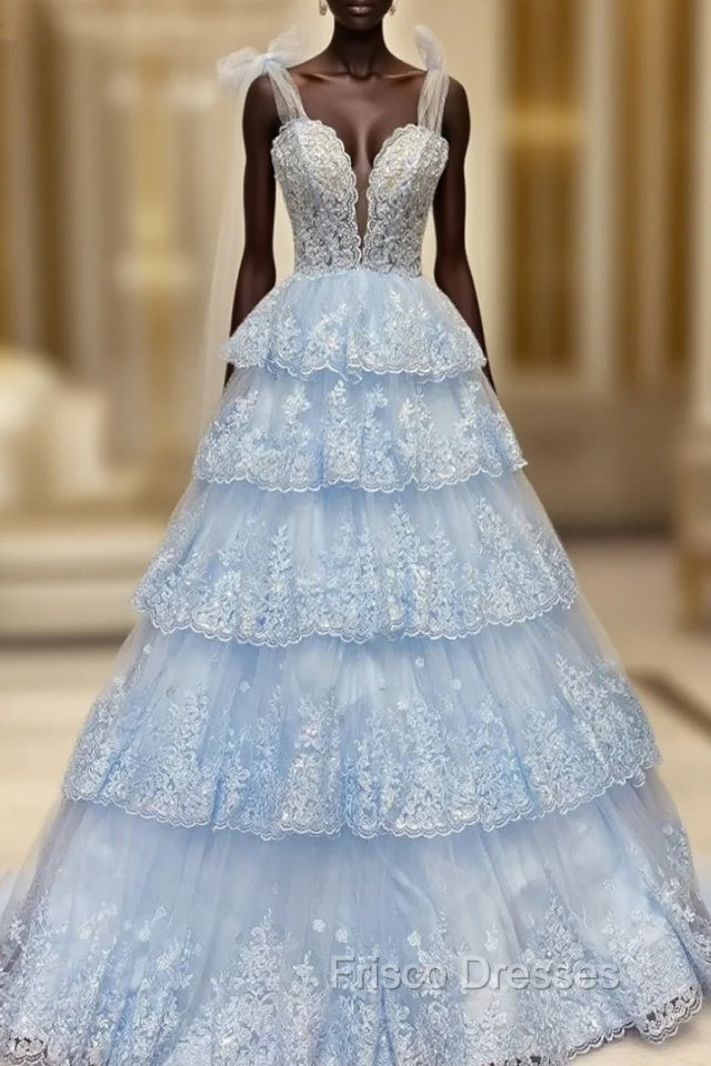 Blue Tulle Tiers Appliques Sequins Formal Prom Dress Main image