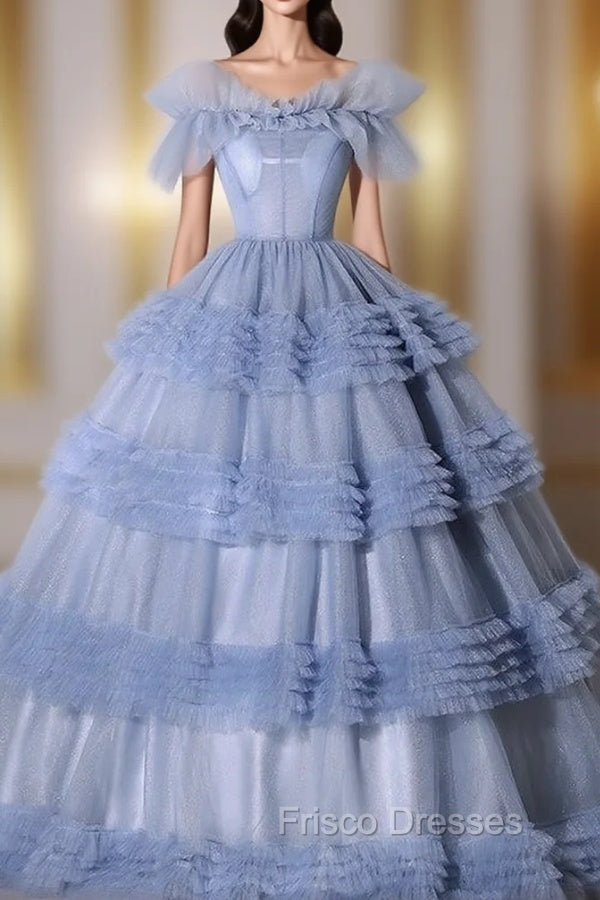 Blue Tulle Tiers Off the Shoulder Quinceanera Dress