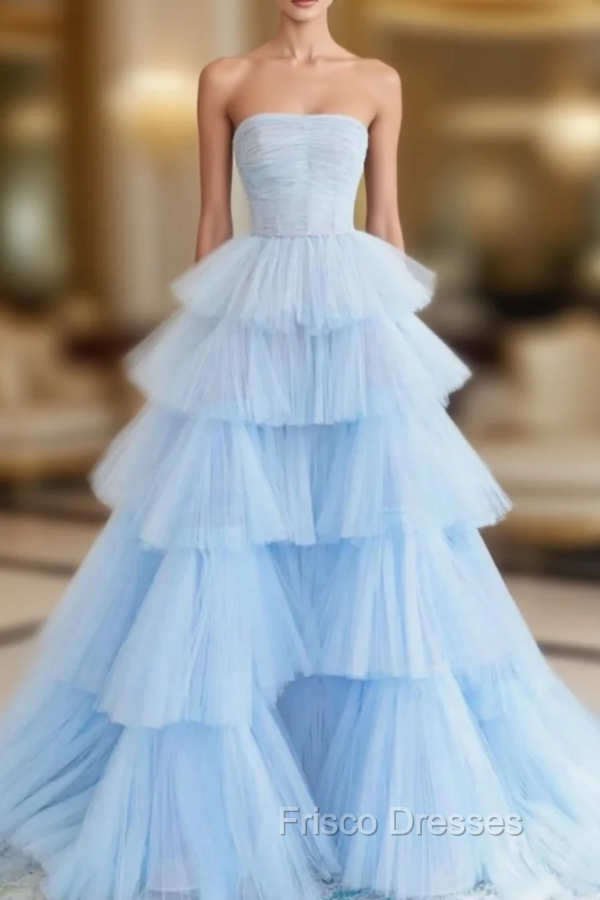 Blue Tulle Tiers Strapless Pleats Formal Prom Dress