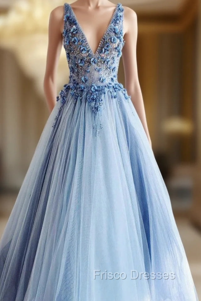 Blue Tulle V-neck Appliques Beading Formal Prom Dress Main image