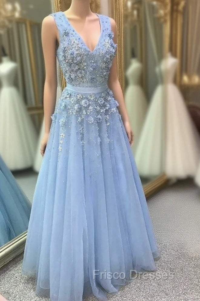 Blue Tulle V-neck Flower Beading Formal Prom Dress Main image