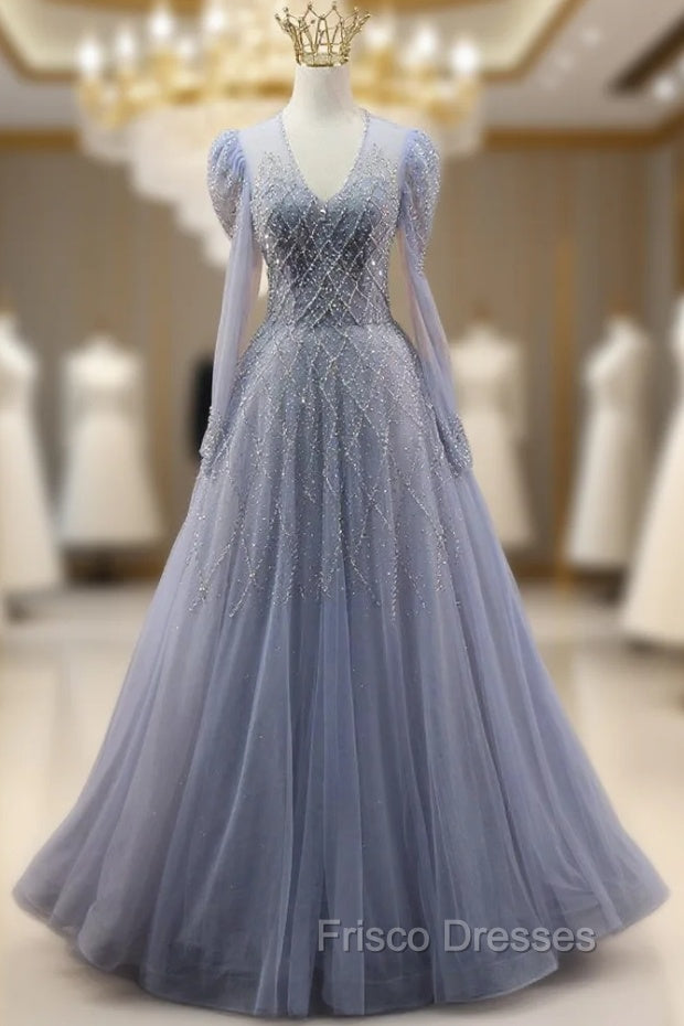 Blue Tulle V-neck Long Sleeve Beading Formal Prom Dress Main image