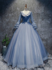 Blue Tulle V-neck Long Sleeve Pleats Quinceanera Dress