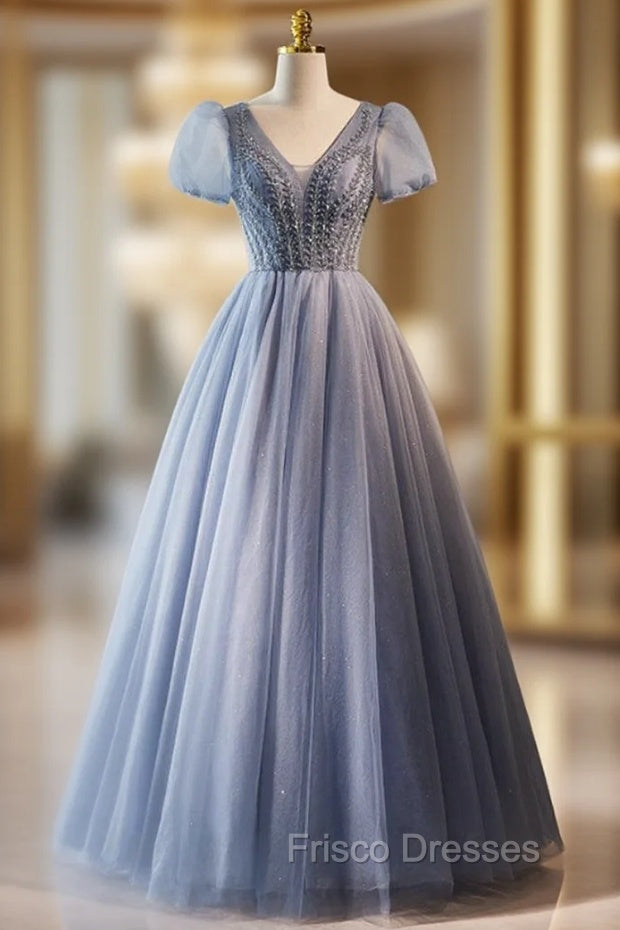 Blue Tulle V-neck Puff Sleeve Beading Formal Prom Dress Main image