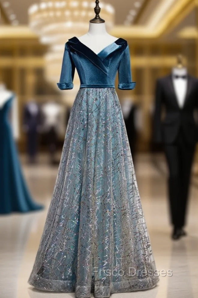 Blue Tulle V-neck Short Sleeve Sequins Formal Prom Dress Main image