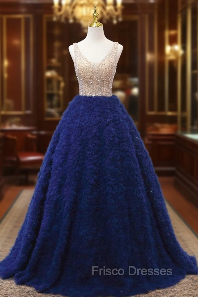 Blue Tulle V-neck Tiers Beading Formal Prom Dress