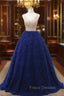 Blue Tulle V-neck Tiers Beading Formal Prom Dress