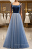 Blue Tulle Velvet Spaghetti Straps Open Back Formal Prom Dress