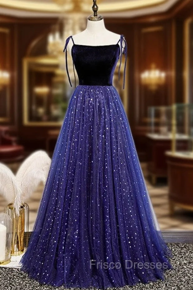 Blue Tulle Velvet Star Sequins Spaghetti Straps Formal Prom Dress