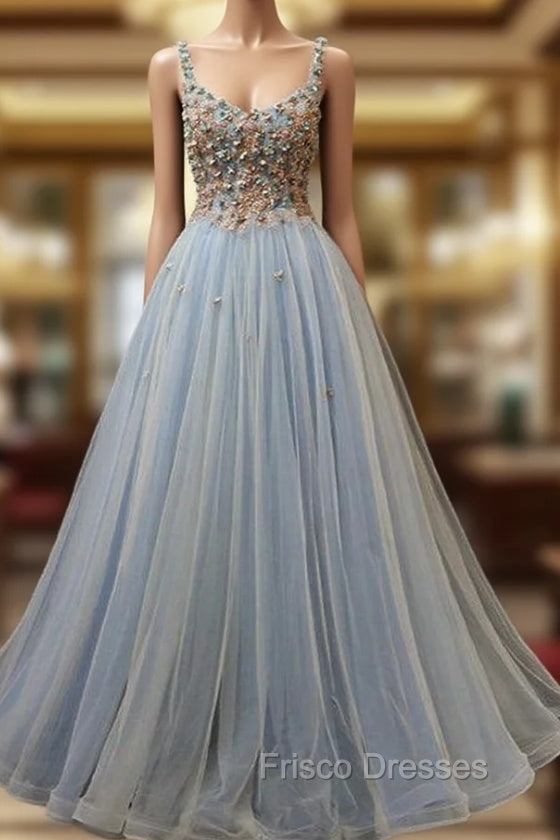 Blue Tulle with Flowers Straps Long Evening Dress, Blue Formal Prom Party Dress Secondary image
