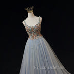 Blue Tulle with Flowers Straps Long Evening Dress, Blue Formal Prom Party Dress