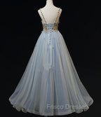 Blue Tulle with Flowers Straps Long Evening Dress, Blue Formal Prom Party Dress