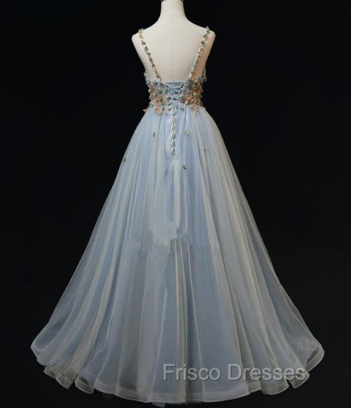 Blue Tulle with Flowers Straps Long Evening Dress, Blue Formal Prom Party Dress