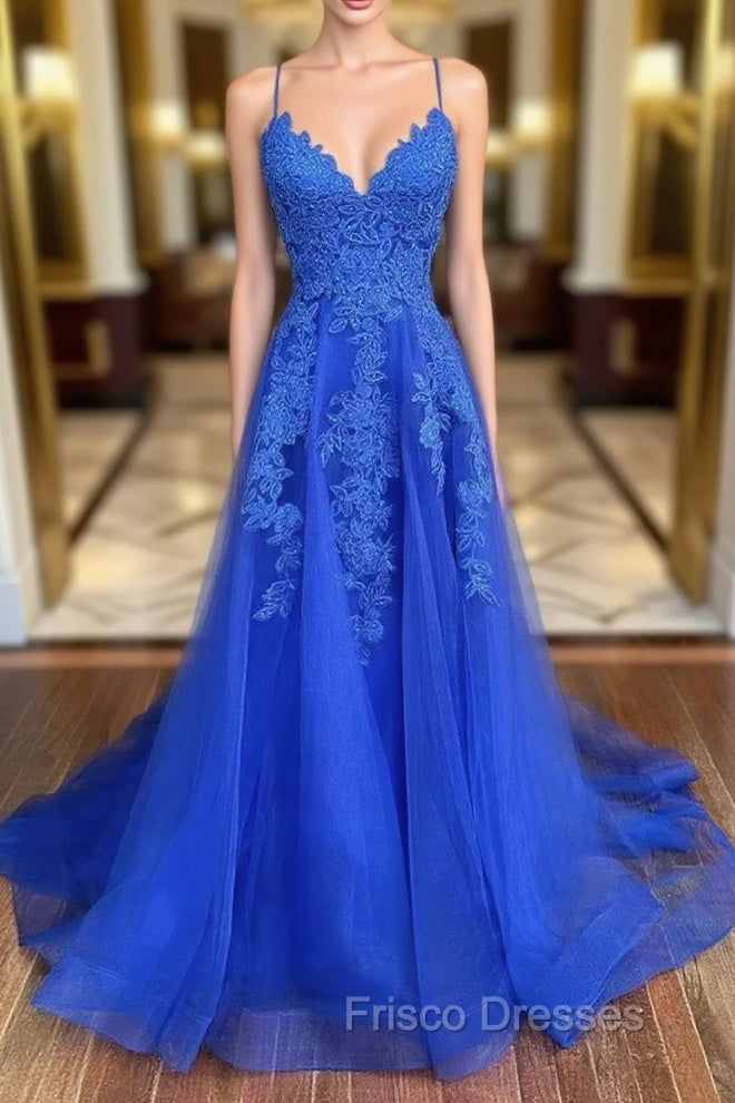 Blue Tulle with Lace A-line Floor Length Party Dress Blue Junior Formal Prom Dress Formal Prom Dress shops Main image