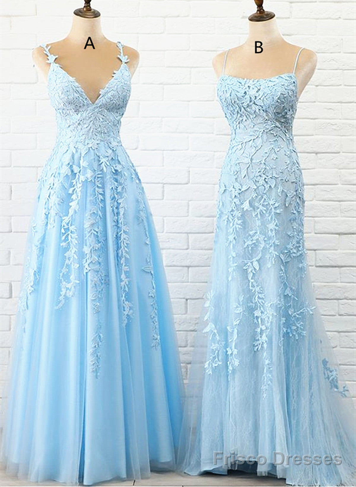 Blue Tulle With Lace Straps Long Evening Dress, Blue Prom Dress Main image