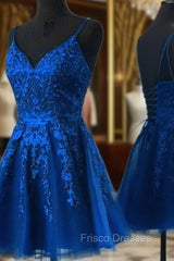 Blue Tulle with Lace Straps Short Homecoming Dress, V-neckline Blue Formal Prom Dress