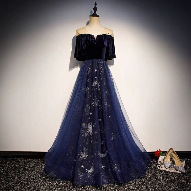 Blue Tulle With Velvet Long Party Dress, A-Line Off Shoulder Formal Dress Prom Dress Secondary image