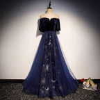 Blue Tulle With Velvet Long Party Dress, A-Line Off Shoulder Formal Dress Prom Dress