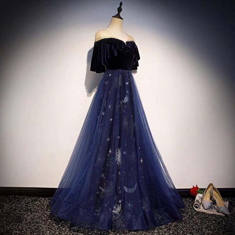 Blue Tulle With Velvet Long Party Dress, A-Line Off Shoulder Formal Dress Prom Dress