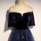 Blue Tulle With Velvet Long Party Dress, A-Line Off Shoulder Formal Dress Prom Dress
