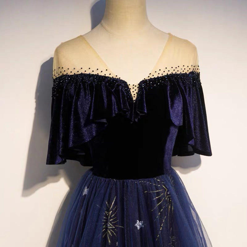 Blue Tulle With Velvet Long Party Dress, A-Line Off Shoulder Formal Dress Prom Dress
