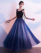 Blue Tulle With Velvet Straps Long Party Dress, Gorgeous Formal Gown