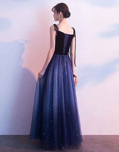 Blue Tulle With Velvet Straps Long Party Dress, Gorgeous Formal Gown