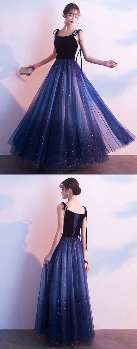 Blue Tulle With Velvet Straps Long Party Dress, Gorgeous Formal Gown