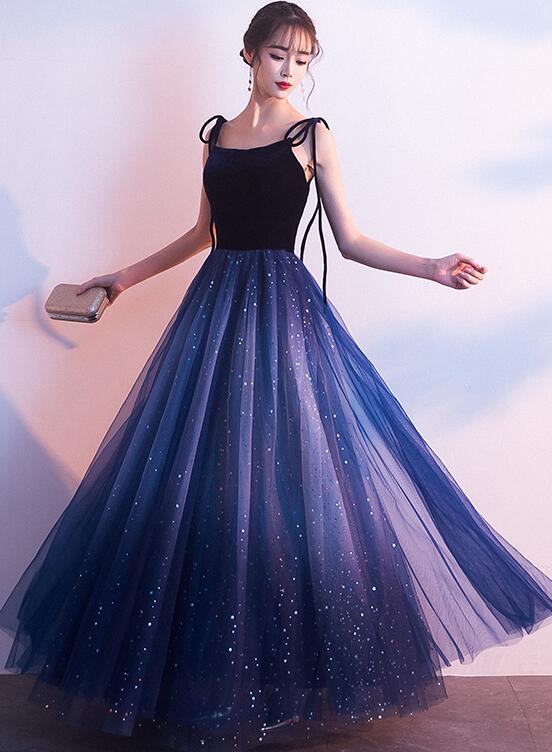 Blue Tulle With Velvet Straps Long Party Dress, Gorgeous Formal Gown Main image