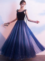 Blue Tulle With Velvet Straps Long Party Dress, Gorgeous Formal Gown