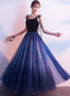 Blue Tulle With Velvet Straps Long Party Dress, Gorgeous Formal Gown