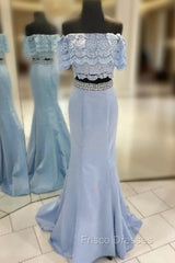 Blue Two-Piece Off-the-Shoulder Lace Mermaid Long Formal Prom Dress