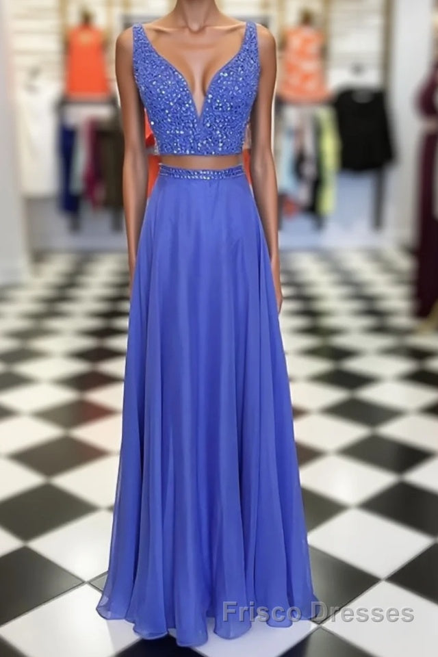 Blue two pieces beads long Formal Prom Dresses, blue evening Dresses