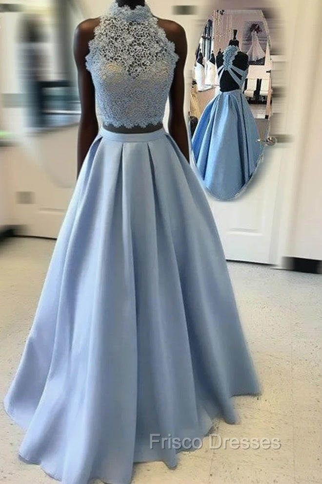 Blue Two Pieces Lace Long Formal Prom Dress, Blue Lace Evening Dress Main image