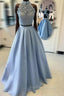 Blue Two Pieces Lace Long Formal Prom Dress, Blue Lace Evening Dress