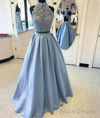 Blue Two Pieces Lace Long Prom Dress, Blue Lace Evening Dress