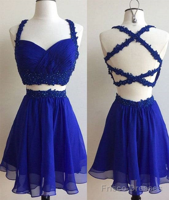 Blue Two Pieces Lace Short Prom Dress, Cute Homecoming Dress Main image