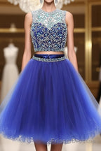 Blue two pieces tulle sequin beads short Formal Prom Dresses, blue homecoming