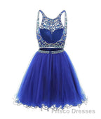 Blue two pieces tulle sequin beads short Formal Prom Dresses, blue homecoming