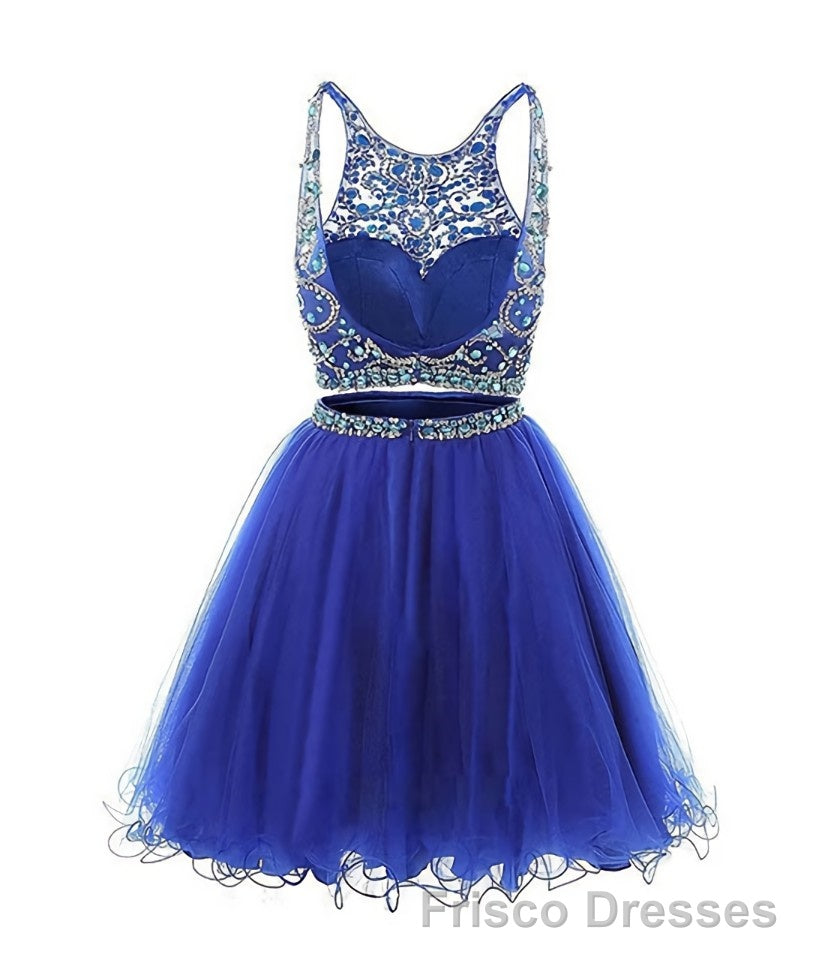 Blue two pieces tulle sequin beads short Formal Prom Dresses, blue homecoming