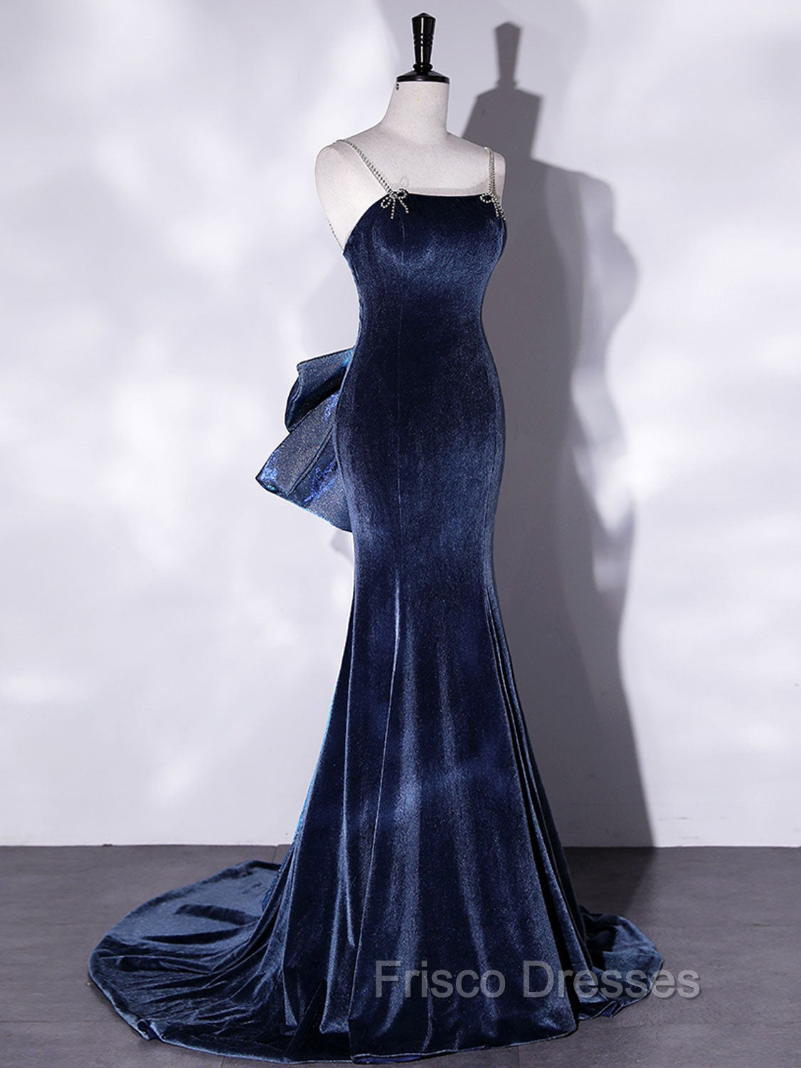 Blue Unique Mermaid Velvet Long Formal Prom Dress, Velvet Formal Evening Dress Secondary image