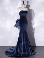 Blue Unique Mermaid Velvet Long Formal Prom Dress, Velvet Formal Evening Dress