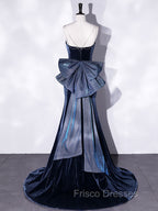 Blue Unique Mermaid Velvet Long Formal Prom Dress, Velvet Formal Evening Dress