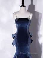 Blue Unique Mermaid Velvet Long Formal Prom Dress, Velvet Formal Evening Dress