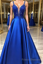 Blue v neck beads satin long Formal Prom Dresses, blue evening Dresses