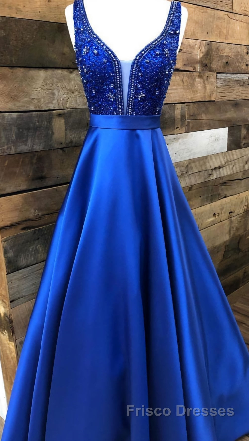 Blue v neck beads satin long Formal Prom Dresses, blue evening Dresses Secondary image