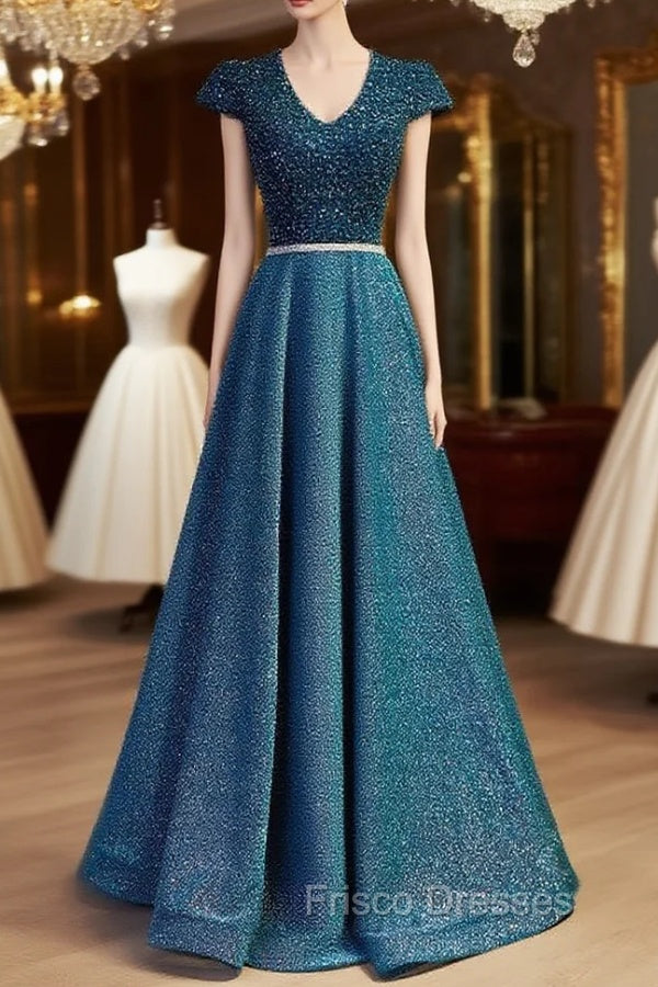 Blue V-neck Cap Sleeve Backless Sequins Beading Formal Prom Dress Main image